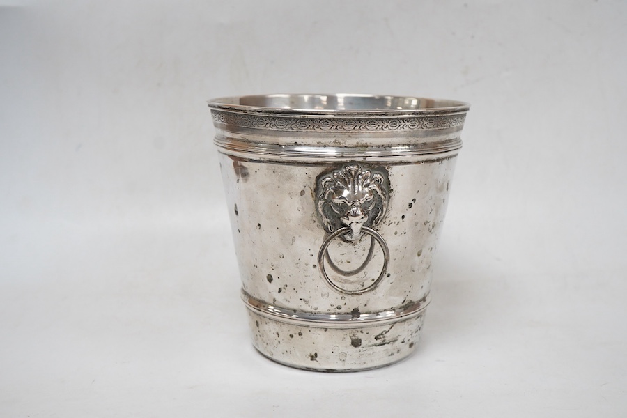 A continental 800 standard white metal ice bucket, with two lion mask and ring handles, height 12.9cm, 10.1oz.